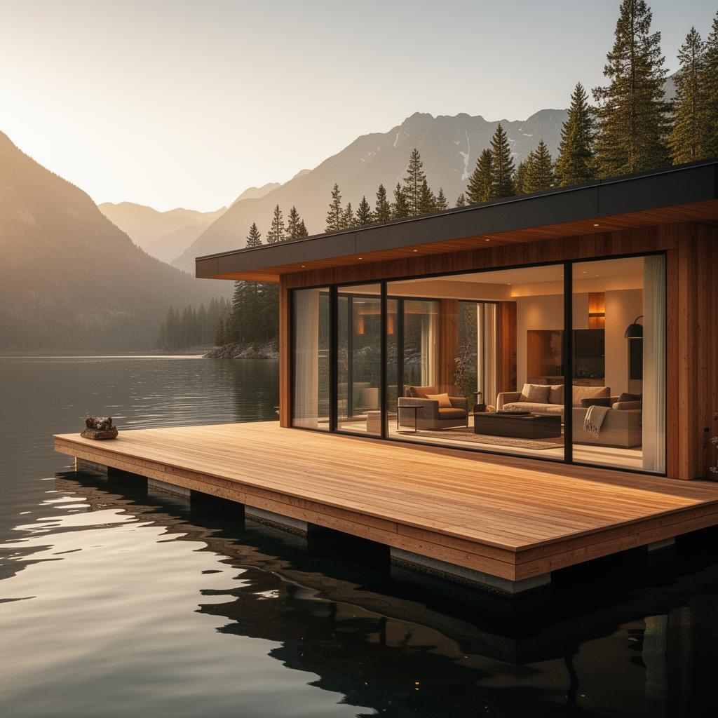 Boathouse moderno sobre lago ao pôr do sol